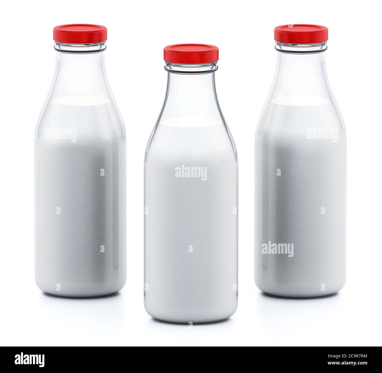 Bottiglie di latte isolate su sfondo bianco. Illustrazione 3D. Foto Stock