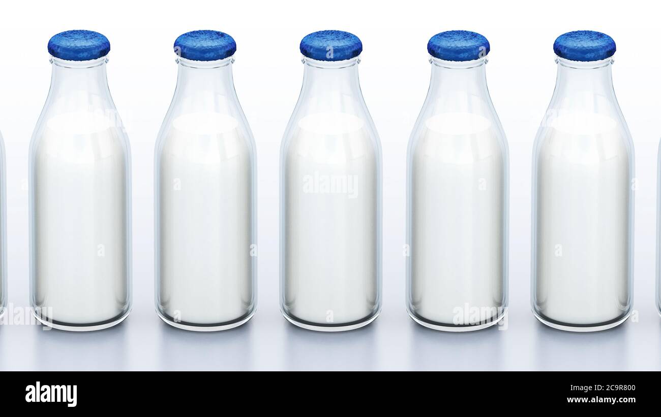 Bottiglie di latte in fila isolate su sfondo bianco. Illustrazione 3D. Foto Stock