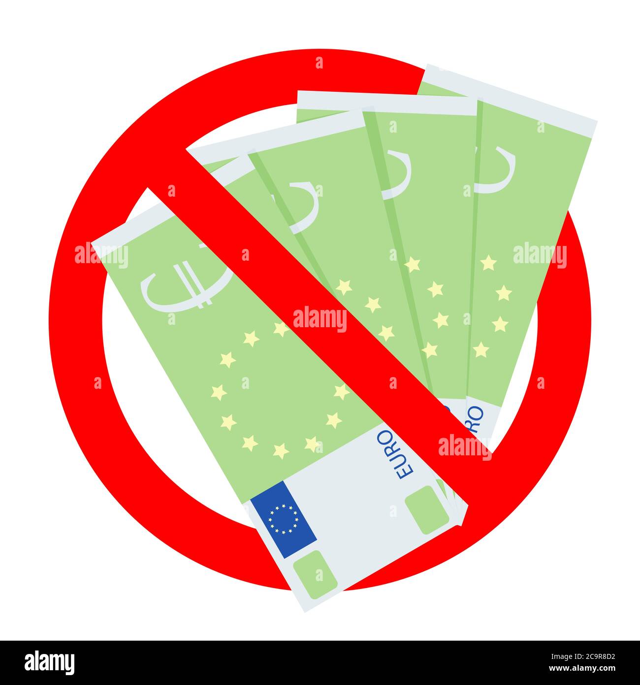 Vietato contanti in euro corrotti. Vettore proibito e scambio vietato, anticoncorrimento finanziario, nessuna tassa europea, corruzione pagamento in contanti proibito Illustrat Illustrazione Vettoriale