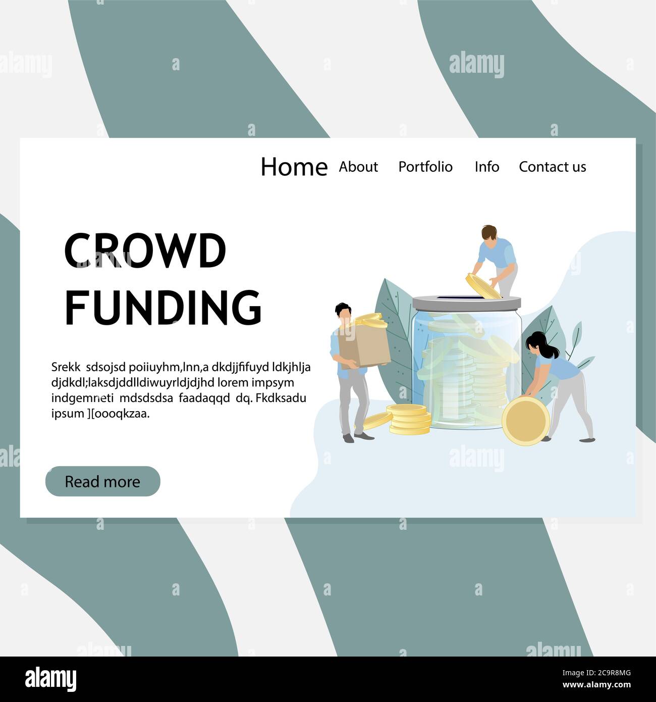 Crowd Funding pagina web, donazione e investimento, donare moneta e raccogliere capitale finanziario. Vettore crowdfunding e raccogliere finanziamenti, illustrazione busine Illustrazione Vettoriale