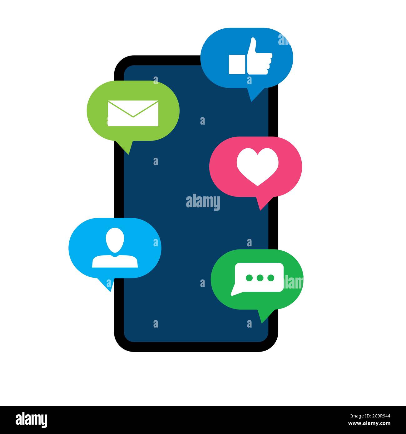Avviso vocale sullo smartphone di notifica, avviso di messaggio simile a un amico. Smartphone vettoriale con bubble chat, app notice follower o nuovo amico e come illu Illustrazione Vettoriale