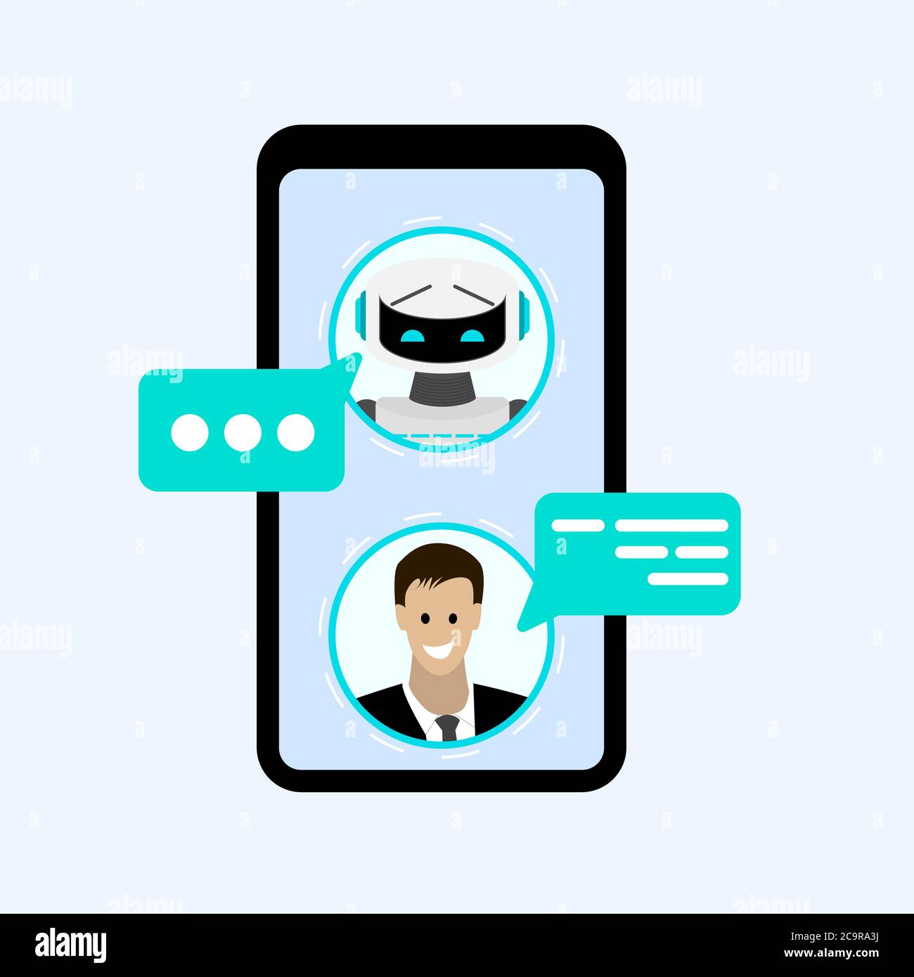Chat con bot in smartphone Messenger. Chat di comunicazione con chatbot, tecnologia smartphone conversazione, robot Messenger helper, sup Illustrazione Vettoriale