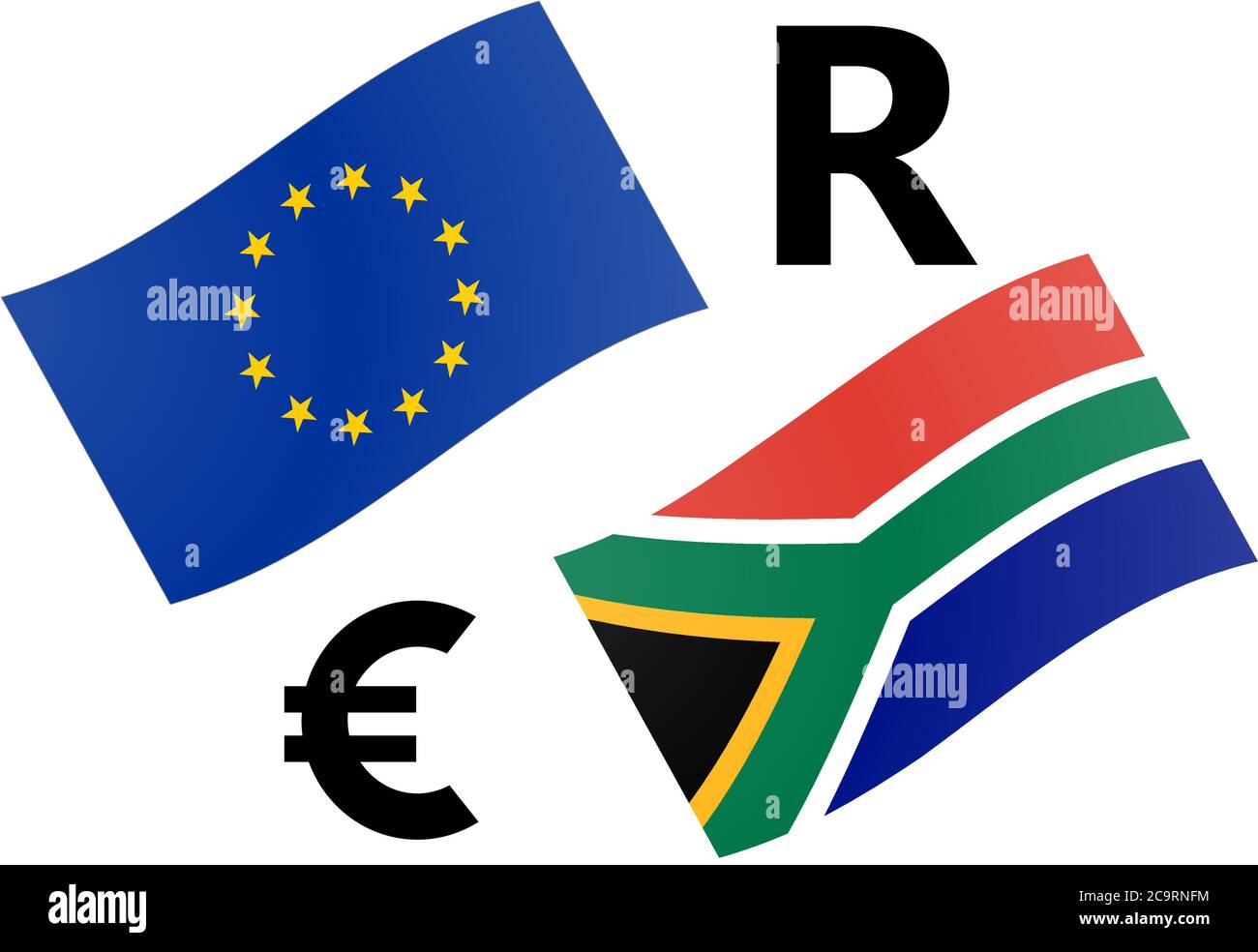 Illustrazione vettoriale coppia di valute EURZAR Forex. Bandiera dell'UE e del Sudafrica, con simbolo dell'euro e del rand. Illustrazione Vettoriale