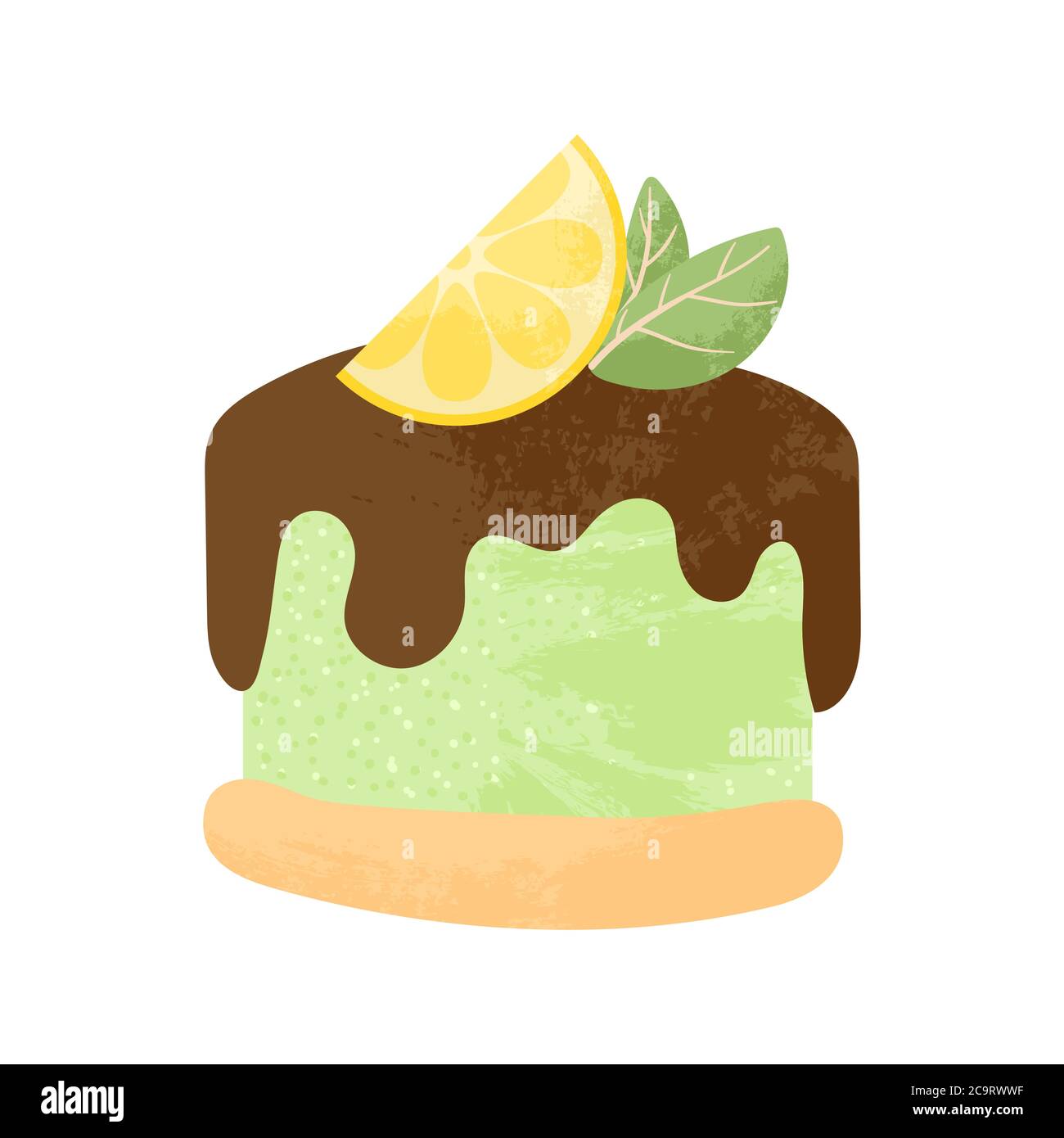 Torta gustosa decorata con fetta di limone e cioccolato. Cheesecake con guarnizione e calce isolata su sfondo bianco. Dessert al formaggio. Illusione vettore piatto Illustrazione Vettoriale