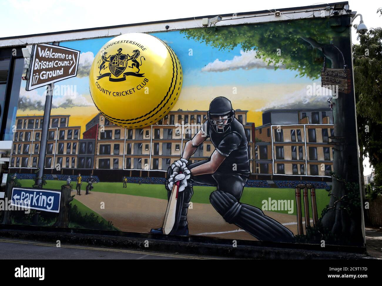 Una vista generale di un murale dipinto creato dall'artista di graffiti Silent Hobo a Bristol County Ground. Foto Stock