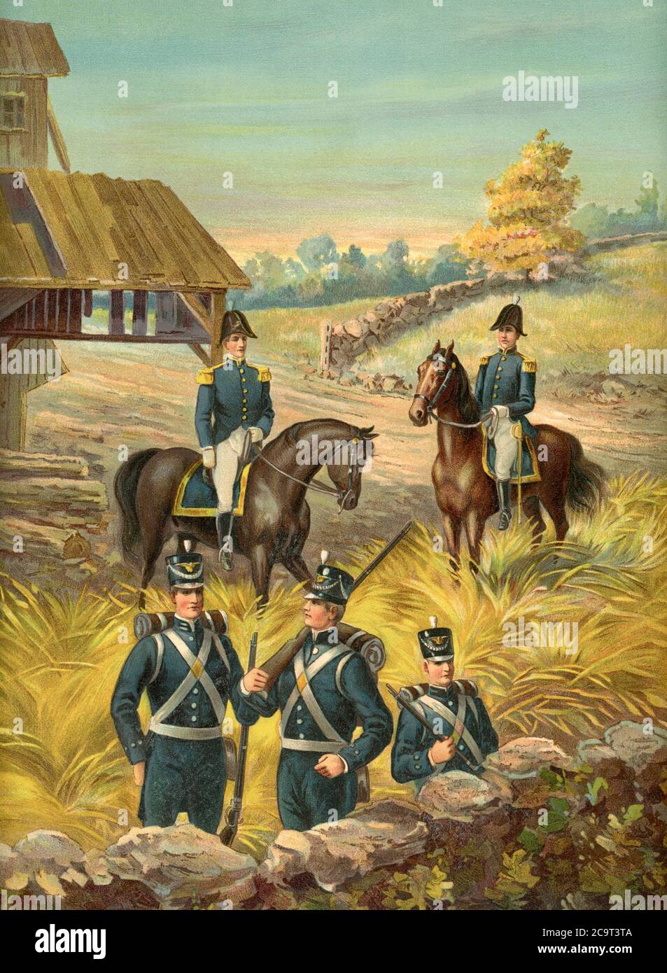 Qui sono raffigurati la fanteria e gli ufficiali generali dell'esercito degli Stati Uniti nel 1813-1821. L'illustrazione è datata 1899. Foto Stock