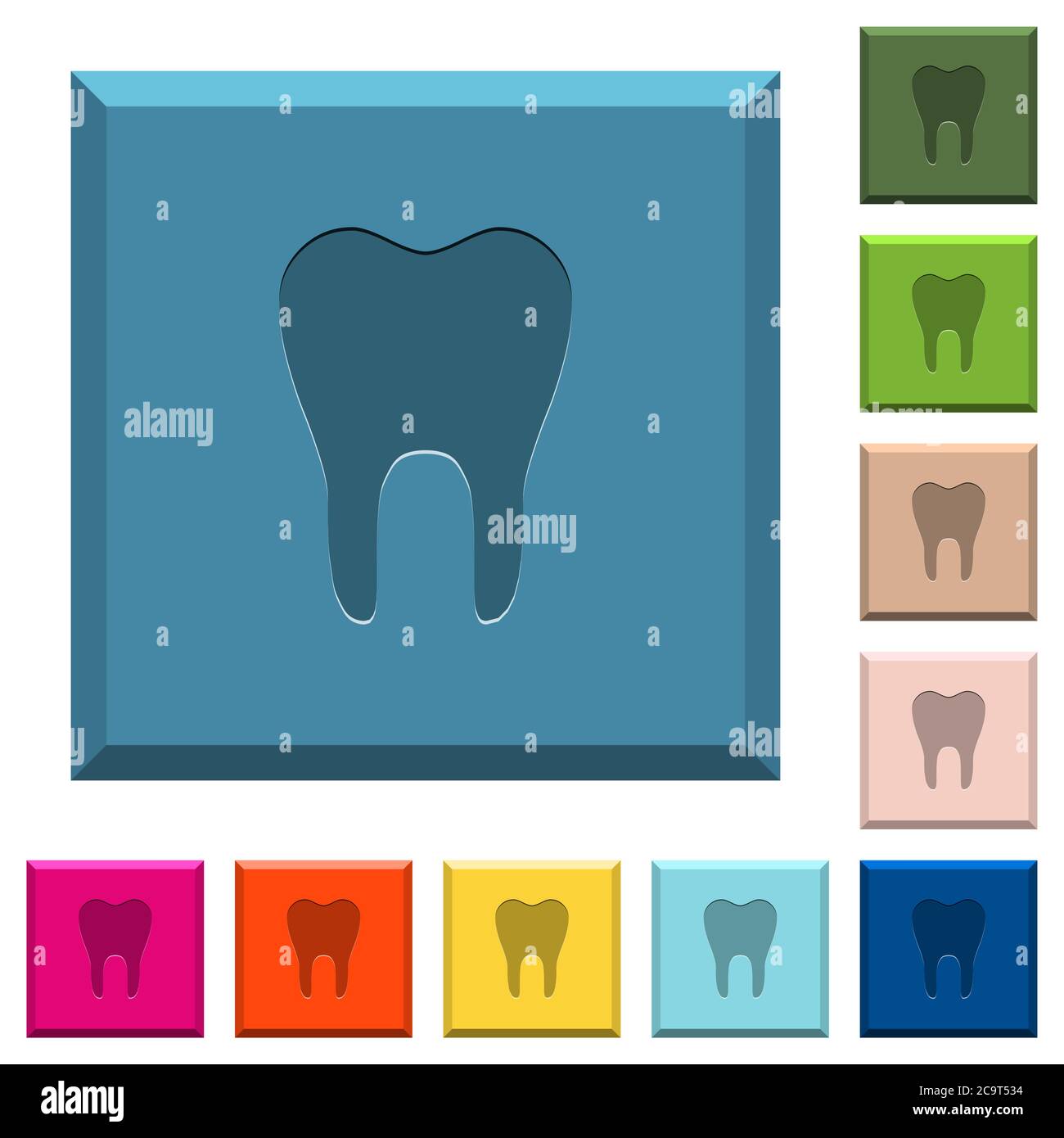 Icone a dente singolo incise su bottoni quadrati con bordi in vari colori alla moda Illustrazione Vettoriale
