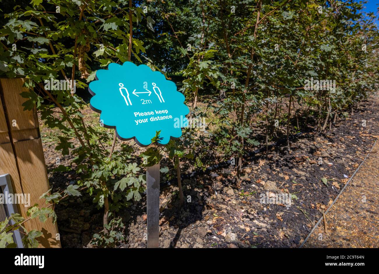 Blue 2m segno di promemoria sociale di distanza per i visitatori di Wakehurst, giardini botanici in West Sussex gestito dai Royal Botanic Gardens, Kew Foto Stock