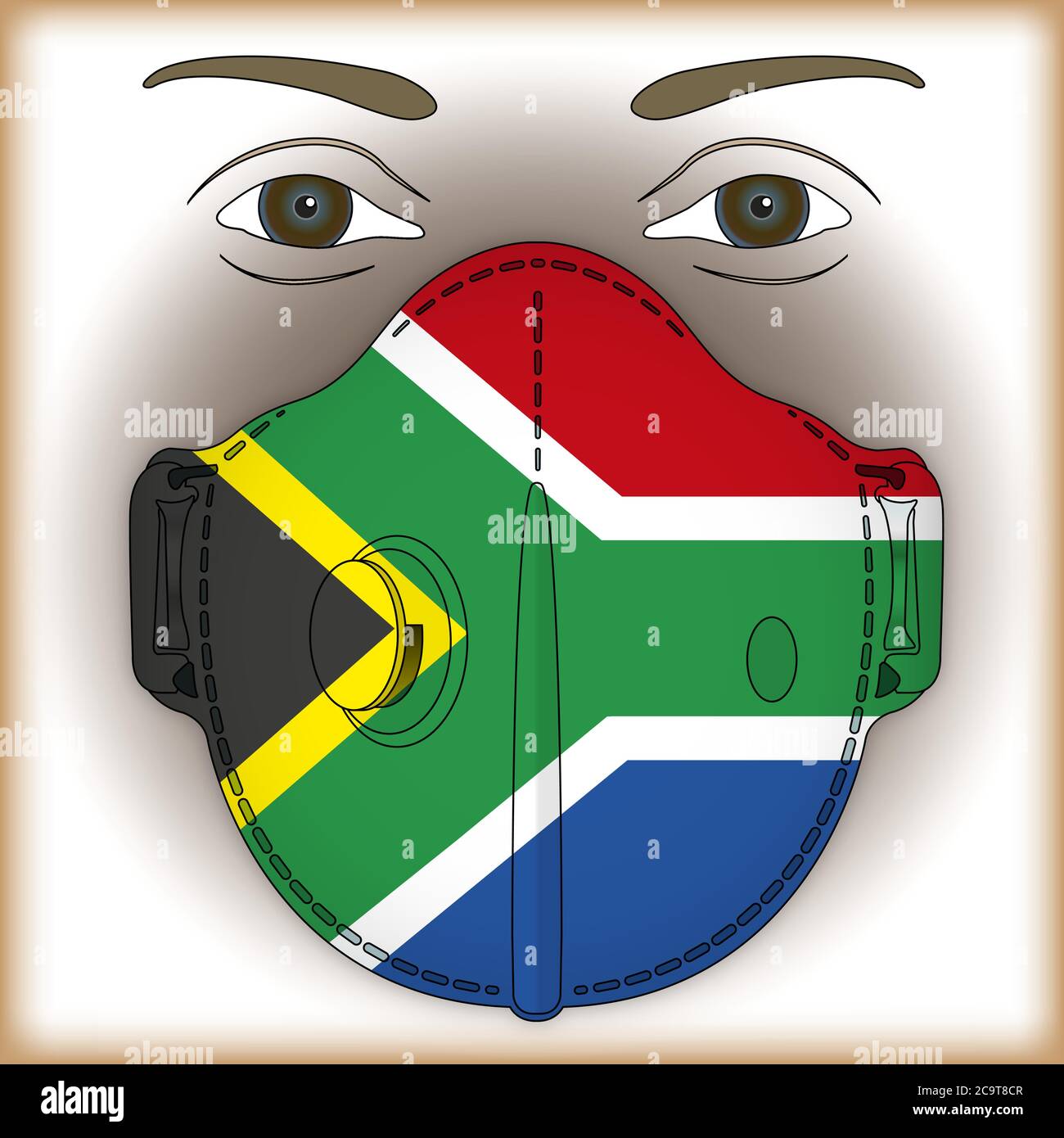 Maschera antivirale per protezione antivirus con bandiera sudafricana, illustrazione vettoriale Illustrazione Vettoriale