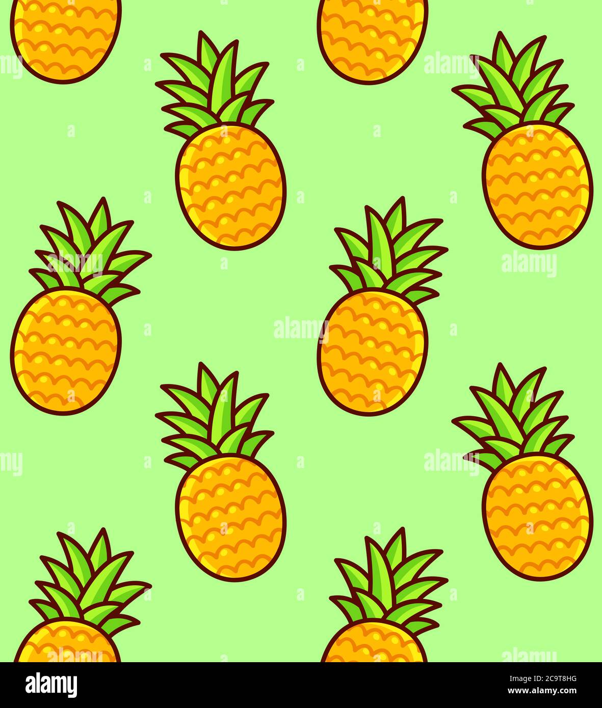 Motivo senza cuciture in ananas. Ananas a cartoni animati disegnati a mano su sfondo verde. Texture estiva brillante. Illustrazione Vettoriale