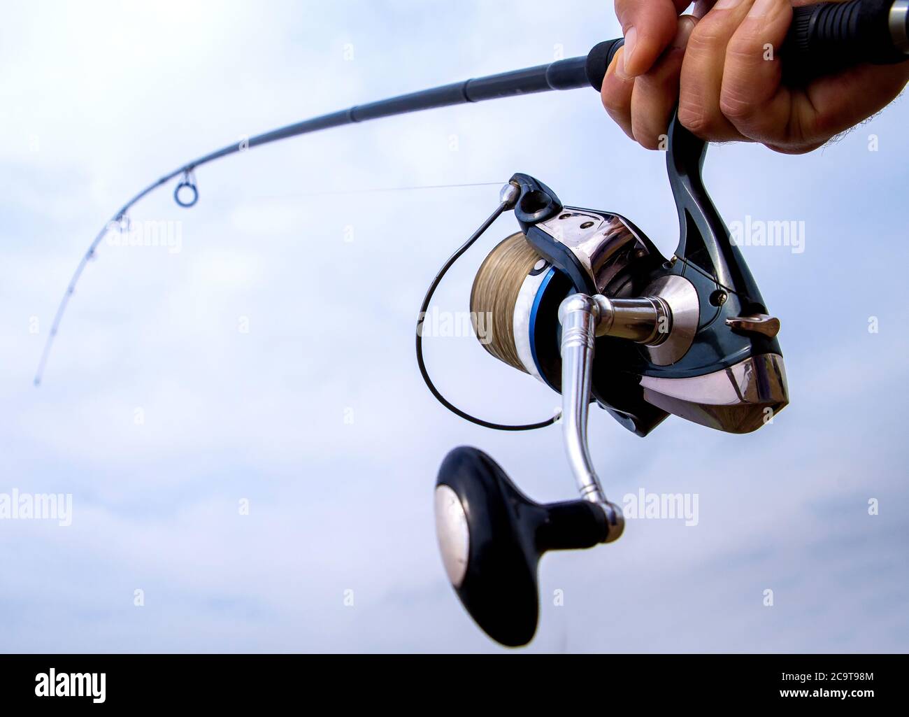 Canna da pesca da vicino. Foto Stock