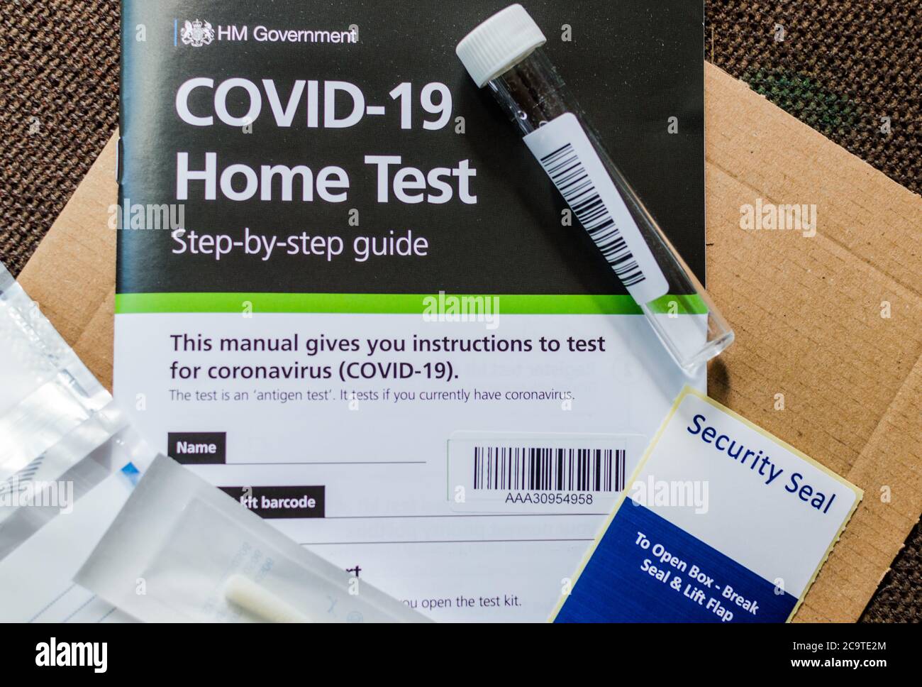 COVID-19 Home Test Swab kit con guida dettagliata Foto Stock