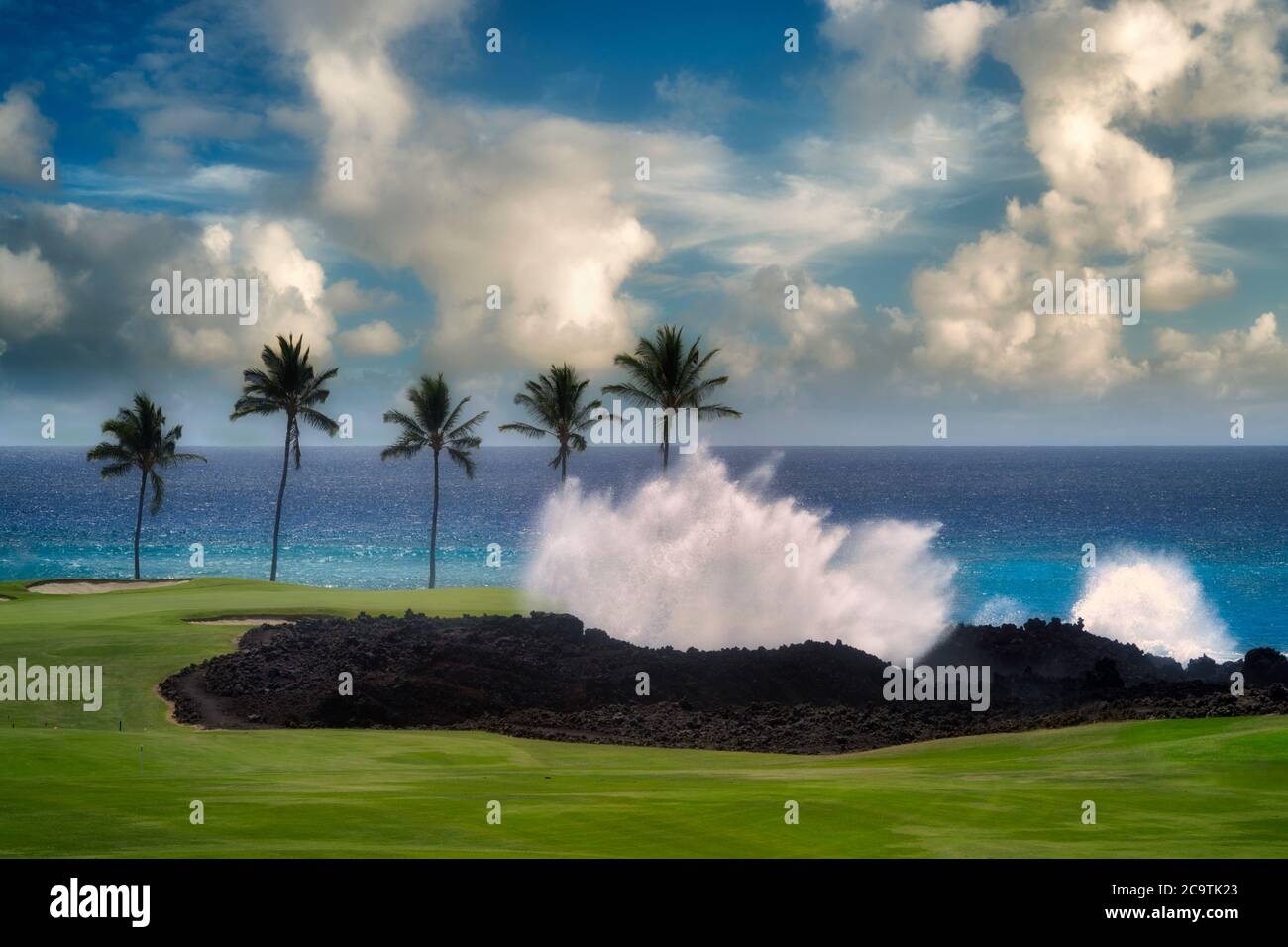 Onde infrangenti, palme e campo da golf. Hilton Waikoloa Beach Golf Resort. Hawaii, la Big Island Foto Stock