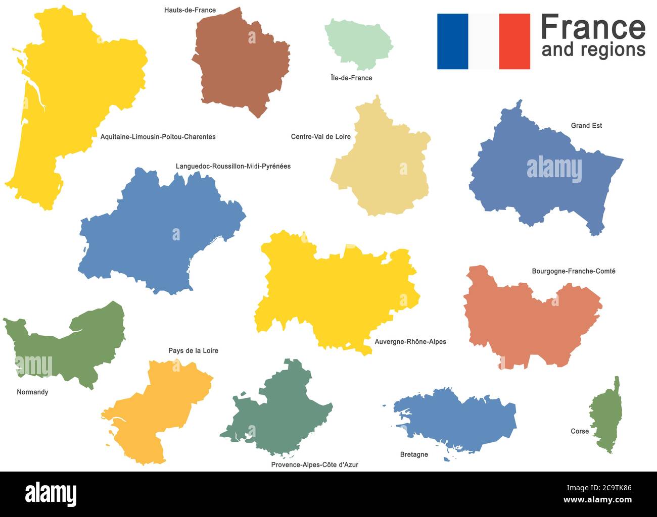 Sagome del paese europeo Francia e nuove regioni Illustrazione Vettoriale