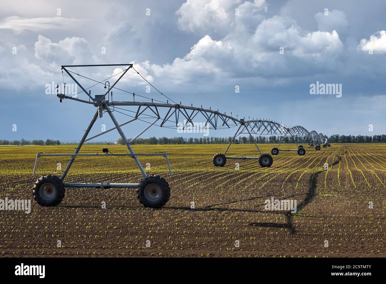 Attrezzature per l'irrigazione automatica di un grande campo su uno sfondo di cielo blu e nuvole. Foto Stock