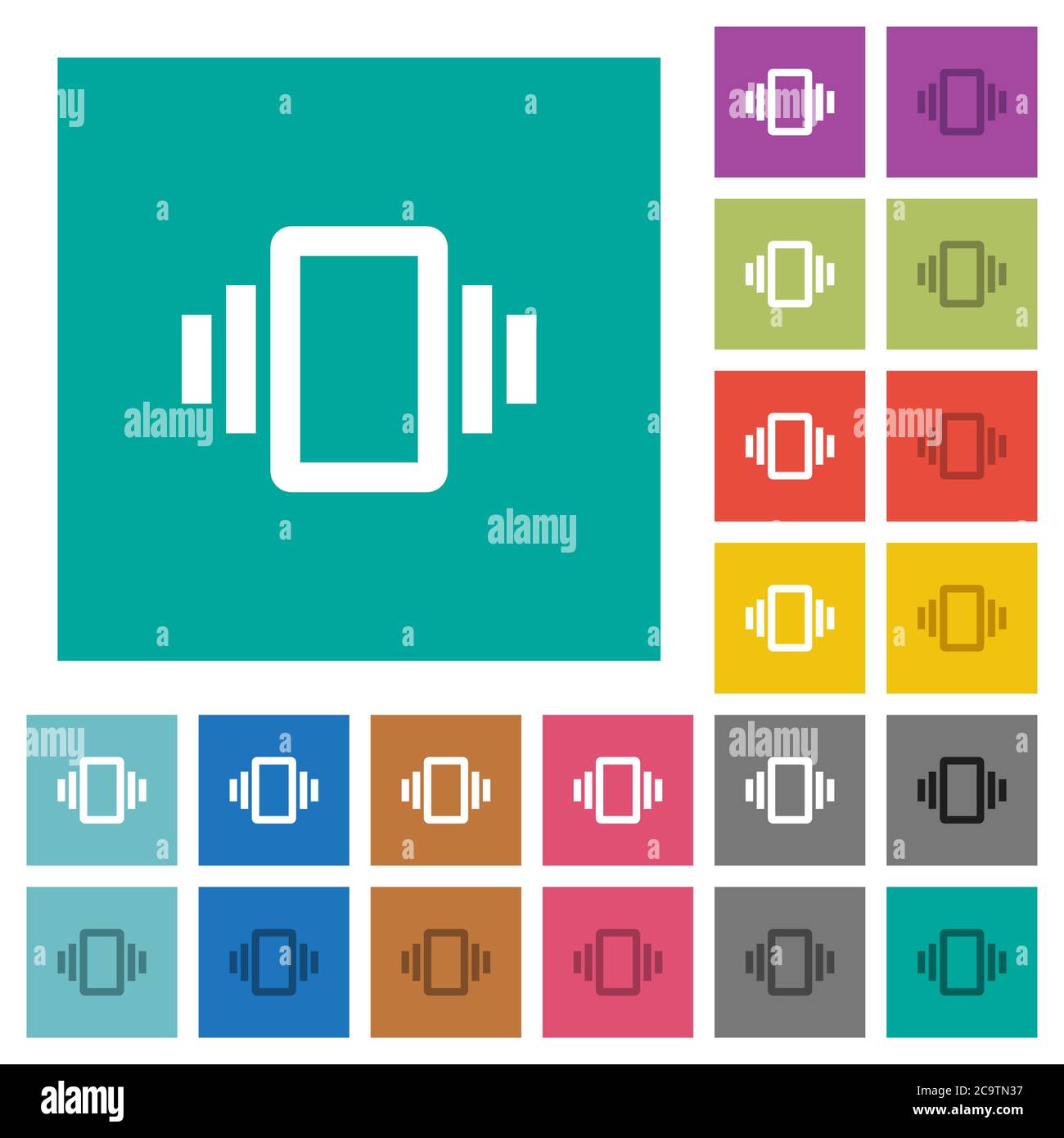 Vibrazione smartphone icone piatte multicolore su sfondi quadrati semplici. Incluse variazioni delle icone bianche e più scure per il passaggio del mouse o gli effetti attivi. Illustrazione Vettoriale