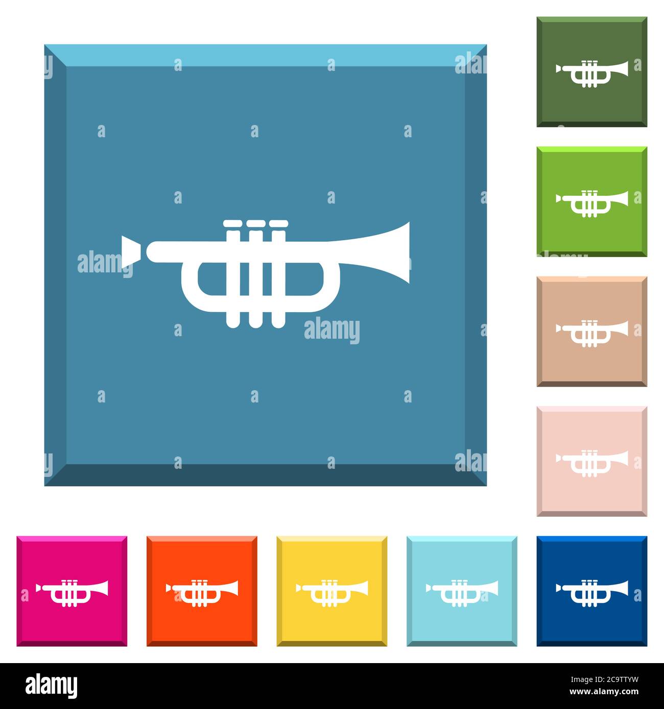 Icone bianche tromba su bottoni quadrati con bordi in vari colori alla moda Illustrazione Vettoriale
