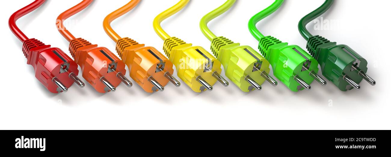 Concetto di consumo energetico. Spine elettriche colorate con etichette di  classificazione dell'energia. illustrazione 3d Foto stock - Alamy