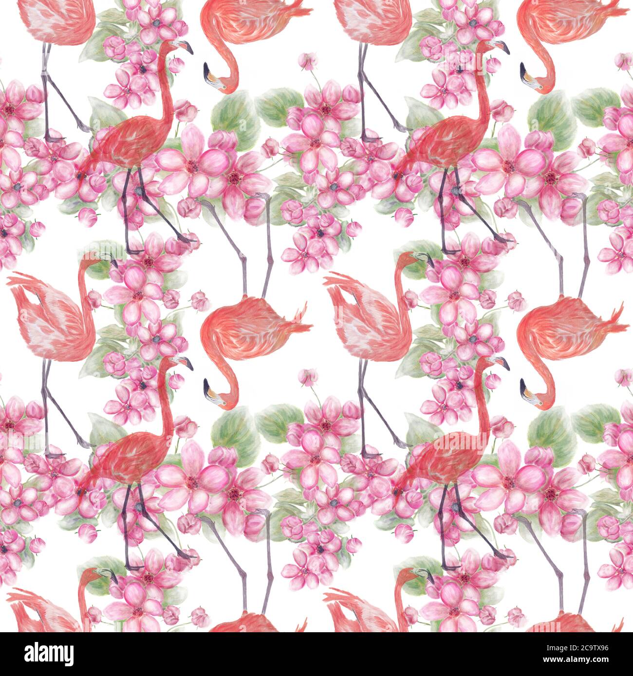 Design floreale senza cuciture con fiori rosa e fenicotteri per lo sfondo, motivo senza fine. Foto Stock