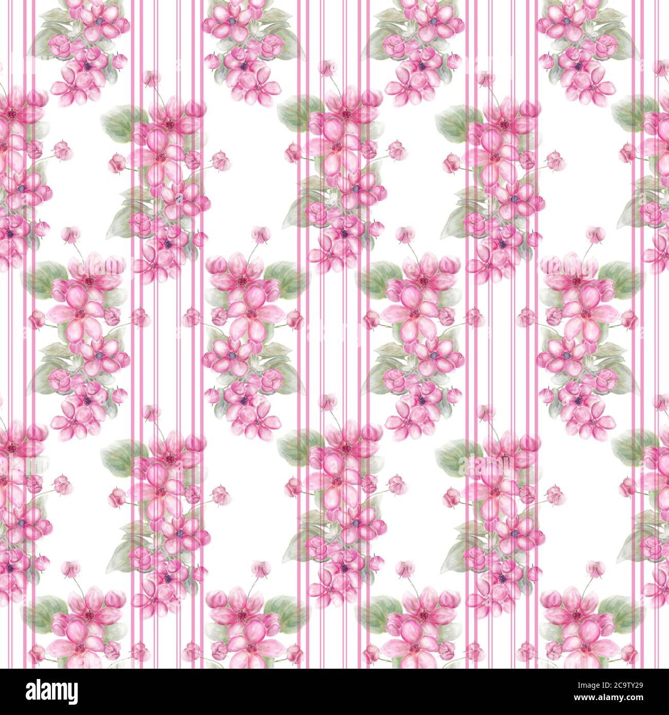 Design floreale senza cuciture acquerello con fiori rosa per sfondo, motivo infinito. Foto Stock