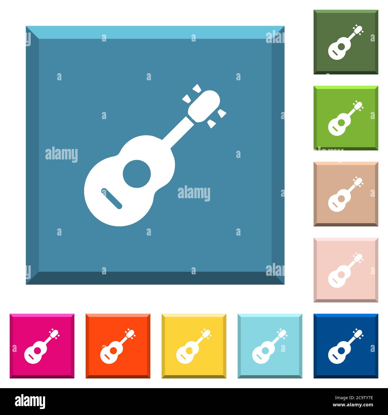 Icone bianche per chitarra acustica su bottoni quadrati con bordi in vari colori alla moda Illustrazione Vettoriale