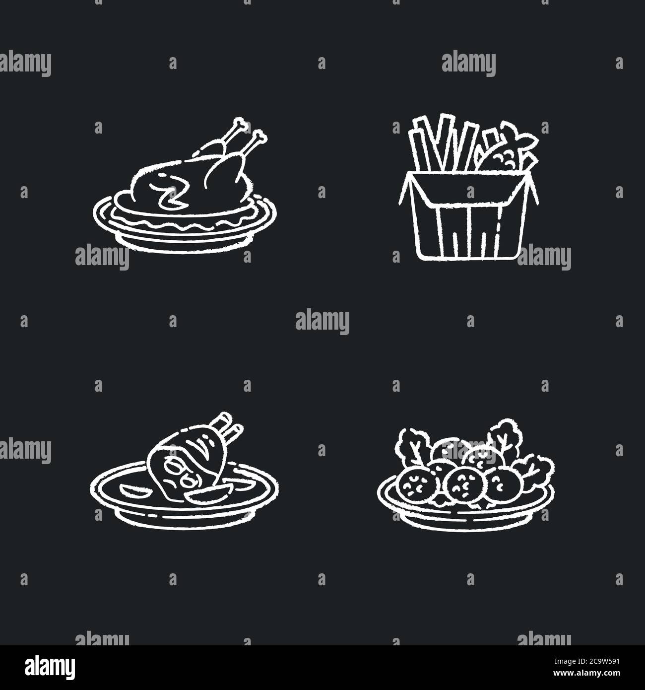 Cucina nazionale gesso bianco icone set su sfondo nero. Fast food. Anatra alla pechinese. Pesce e patatine inglesi. Piatto di falafel. Ricetta e ingrediente per me Illustrazione Vettoriale