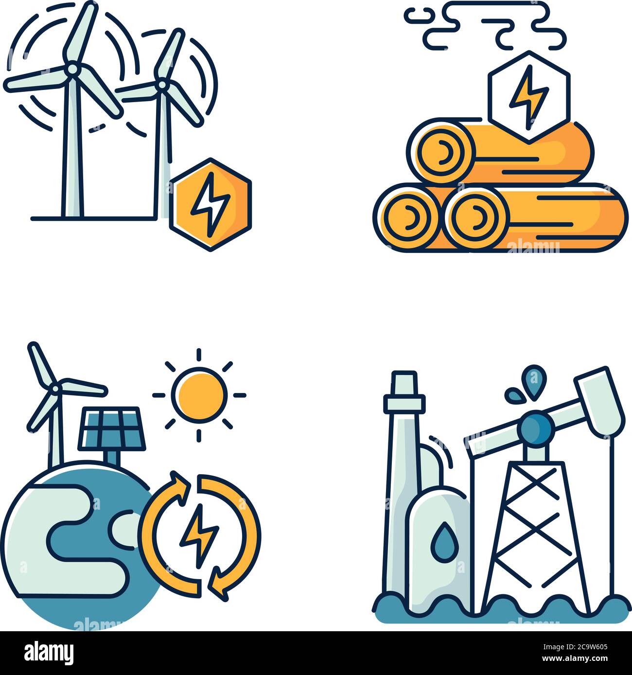 Set di icone a colori RGB a energia tradizionale e alternativa. Energia del legno, raffineria di petrolio e centrali rinnovabili. Uso delle risorse naturali. Vettore isolato Illustrazione Vettoriale