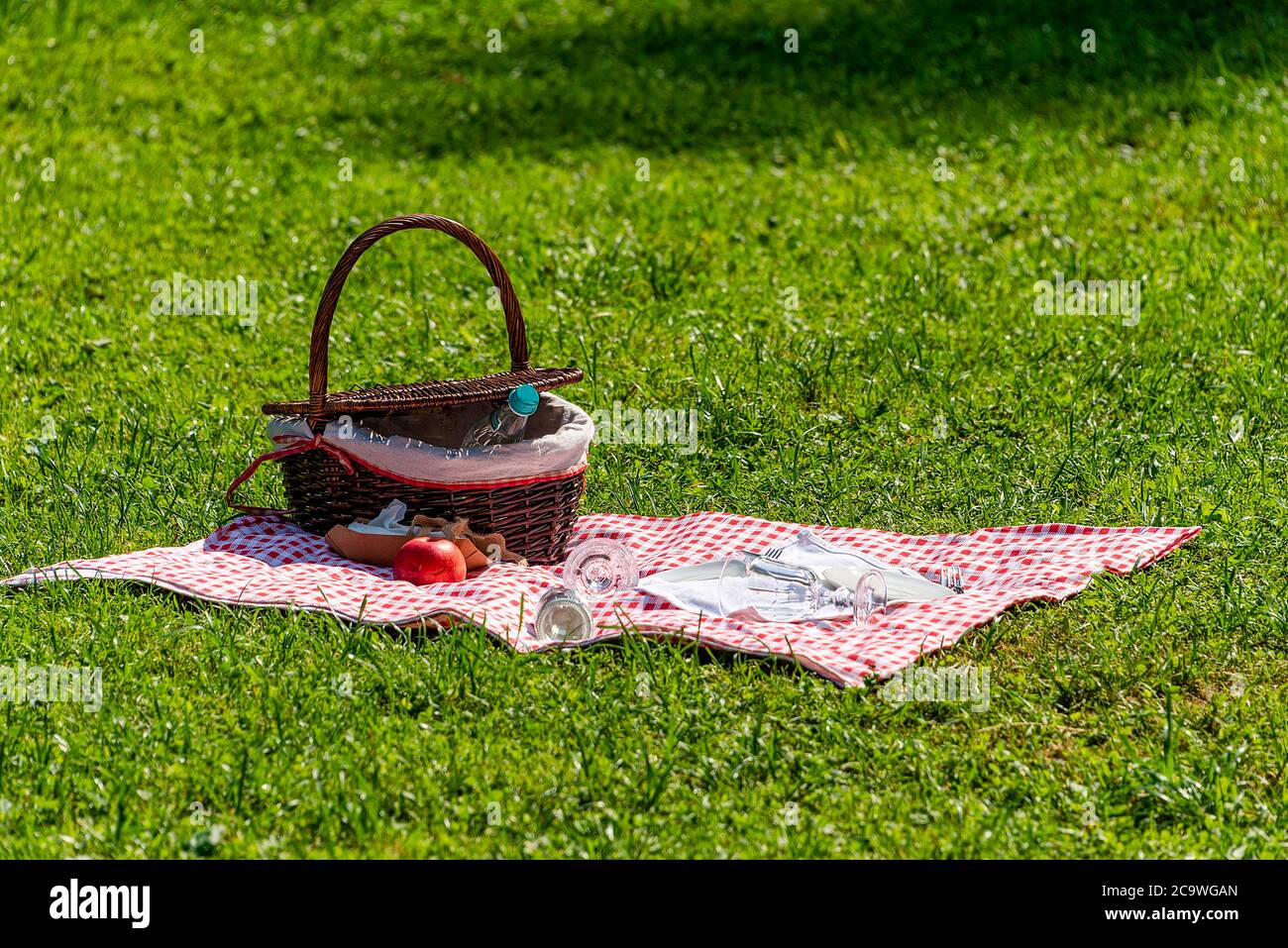 Romania, Bran - 2019 luglio: Cestino da picnic, patatine, acqua e posate su un panno rosso e bianco da tavola Foto Stock