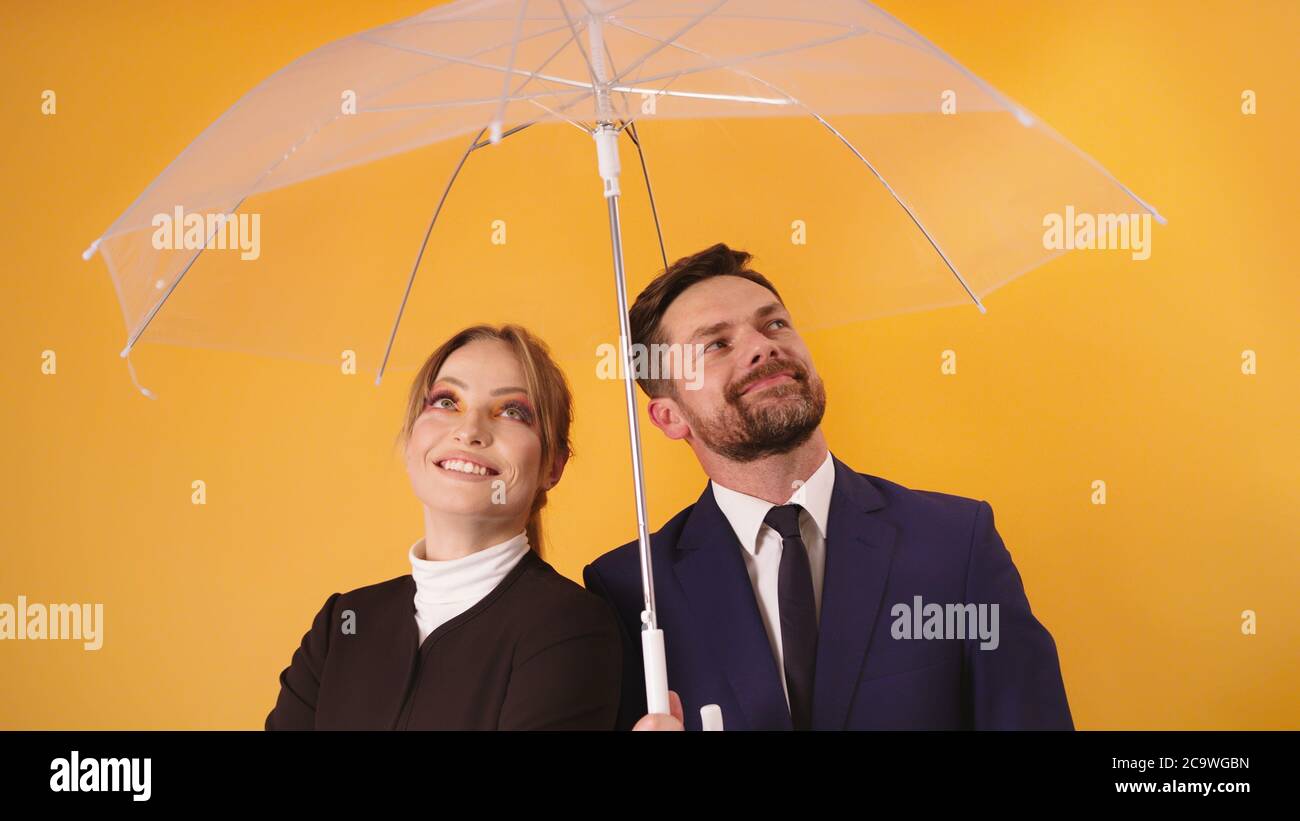 uomini e donne uomini d'affari colleghi che riparano sotto un ombrello trasparente. Foto di alta qualità Foto Stock