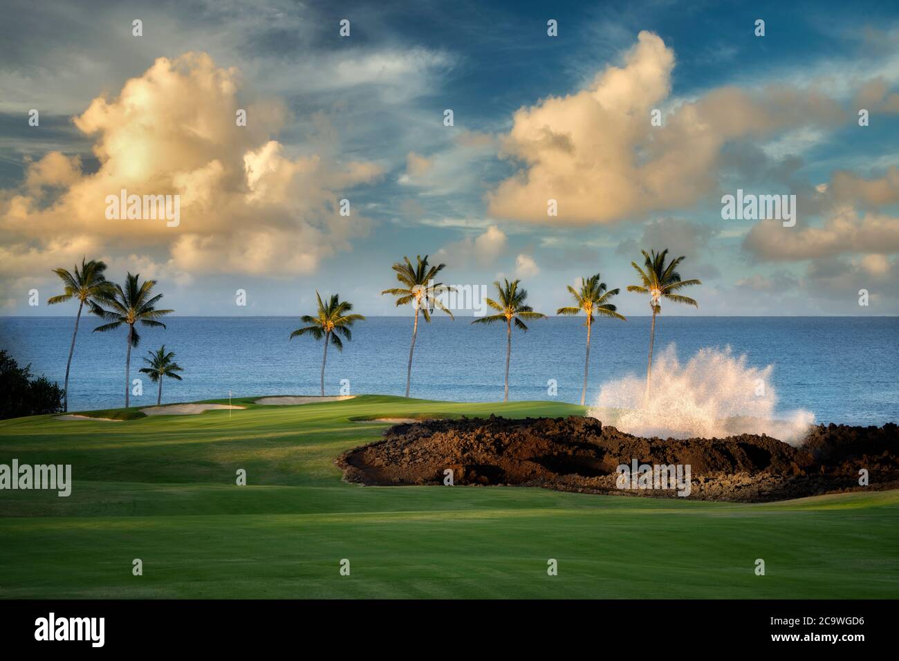 Onde infrangenti, palme e campo da golf. Hilton Waikoloa Beach Golf Resort. Hawaii, la Big Island Foto Stock