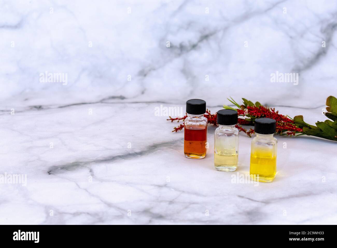 Oli essenziali su sfondo di marmo con spazio per la copia Foto Stock