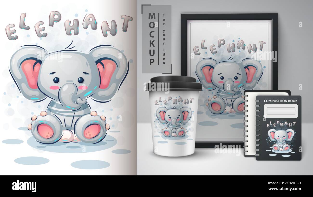 Carino poster elefante e merchandising. Illustrazione Vettoriale