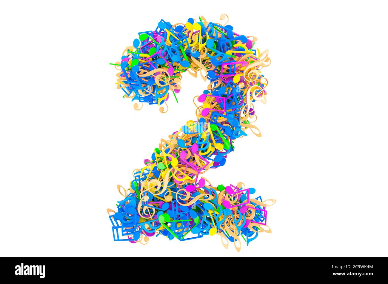 Numero 2 da note musicali colorate. Rendering 3D isolato su sfondo bianco Foto Stock