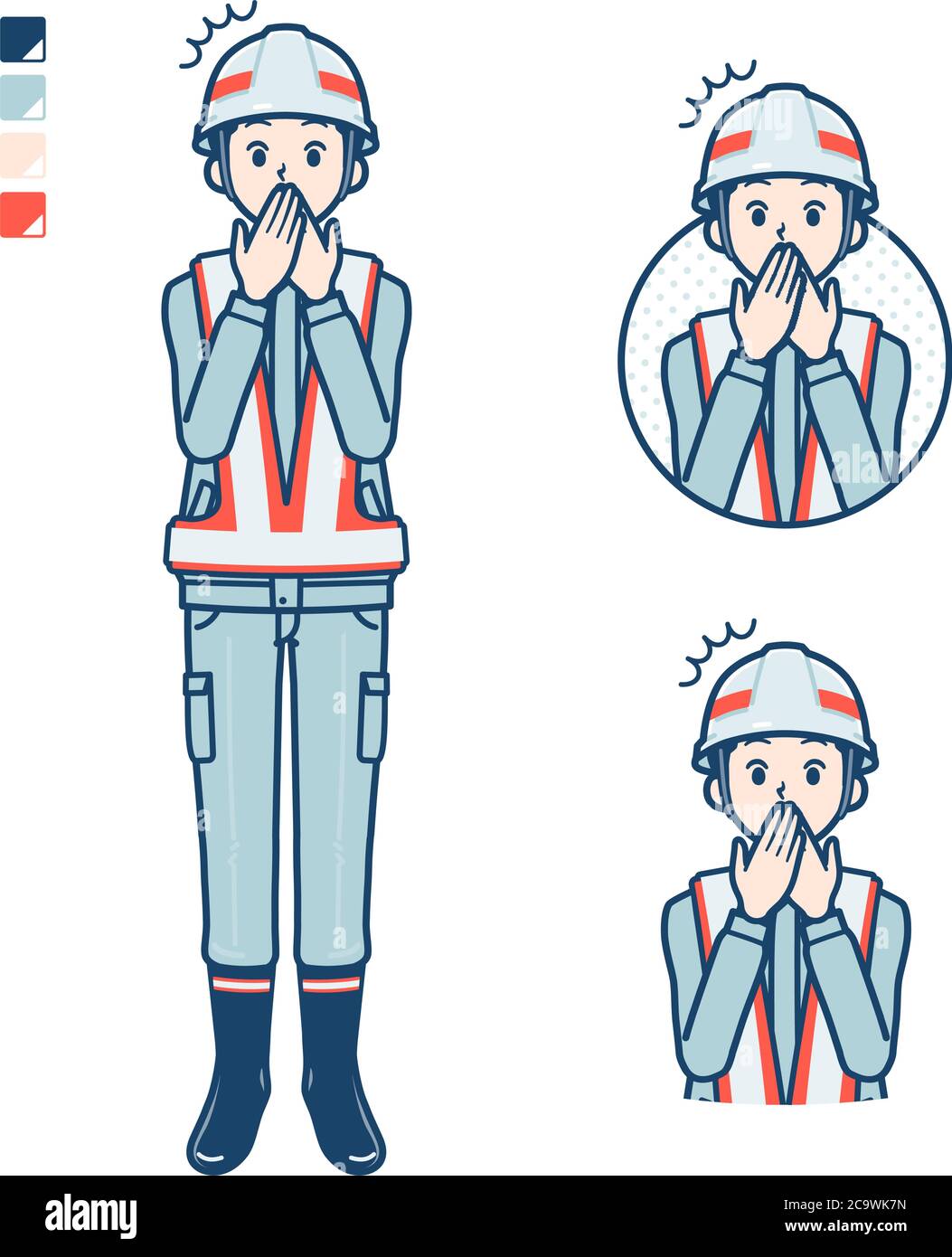 Un uomo che indossa un abbigliamento da lavoro con immagini stupite. È arte vettoriale, quindi è facile da modificare. Illustrazione Vettoriale