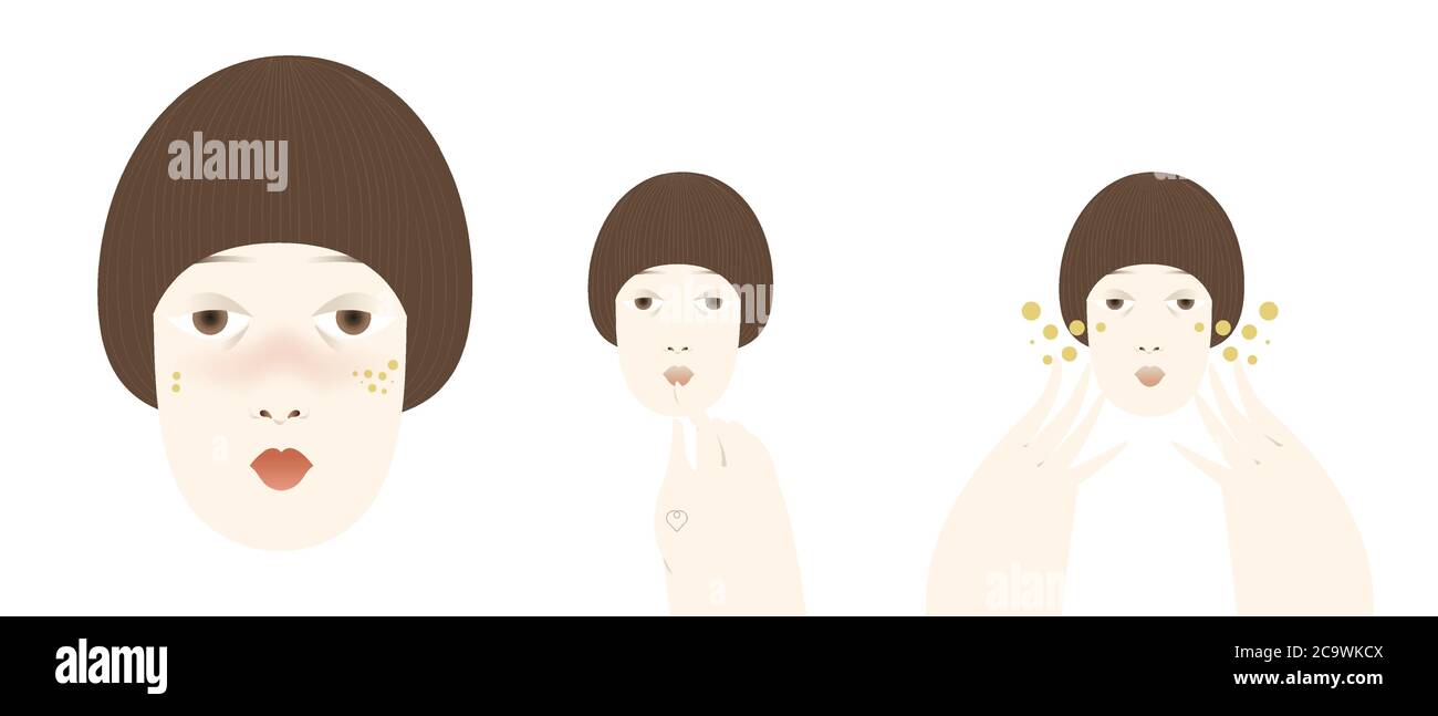 Make-up e cura della pelle. Ritratto di una giovane donna che applica trucco e utilizza cosmetici. Illustrazione vettoriale minimalista in stile piatto Illustrazione Vettoriale