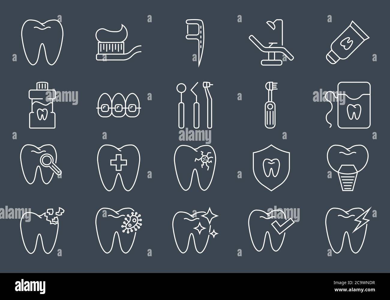 Set icone dentali. Set di icone della linea vettoriale per il settore odontoiatrico. Illustrazione Vettoriale