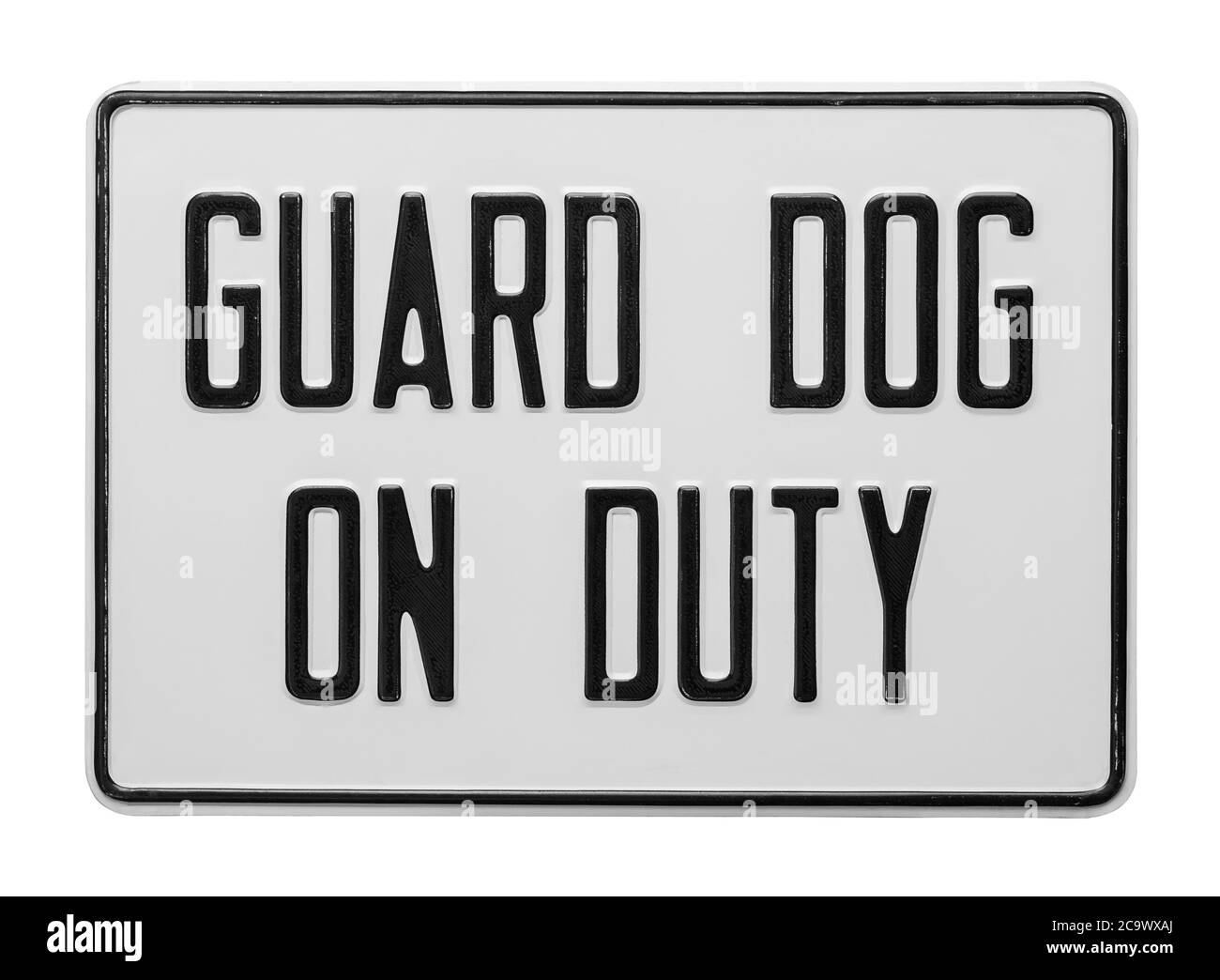 Guard Dog on Duty Metal Sign isolato su bianco. Foto Stock