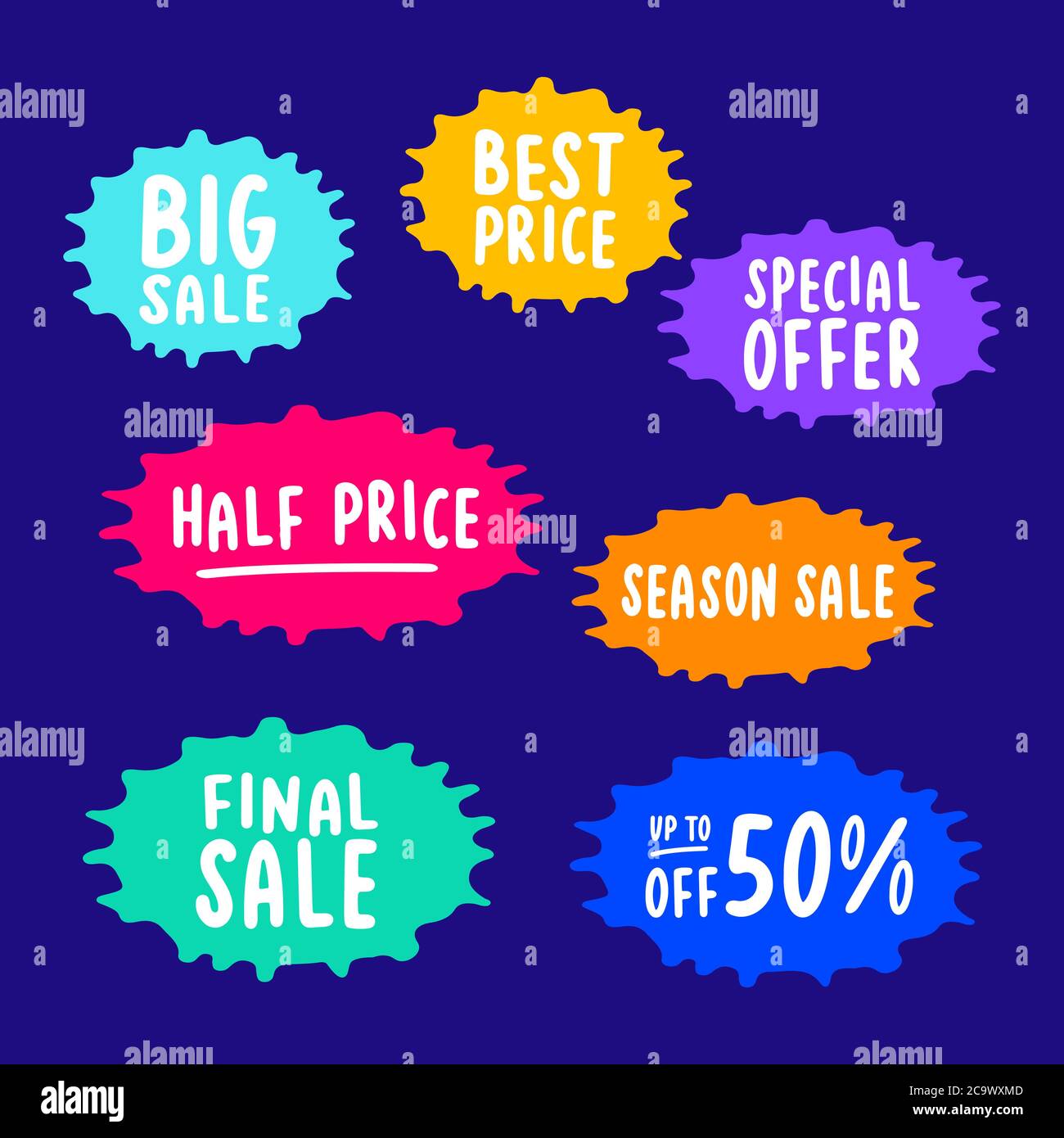 Set di adesivi DI VENDITA scritti a mano. Miglior prezzo, Offerta speciale, Saldi per la stagione finale, fino a 50 preventivi di sconto Illustrazione Vettoriale