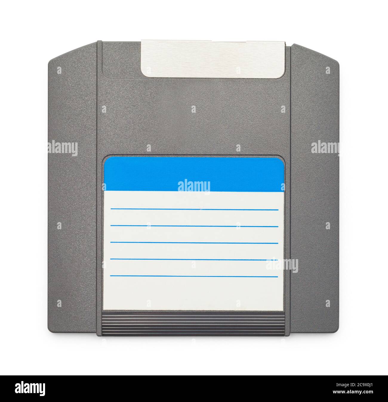 Disco floppy retro con etichetta isolata in bianco. Foto Stock