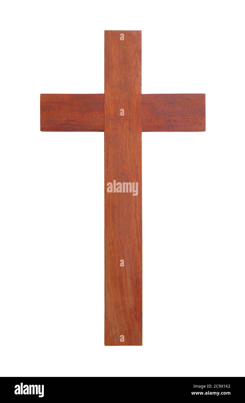 Croce di legno isolata su uno sfondo bianco. Foto Stock