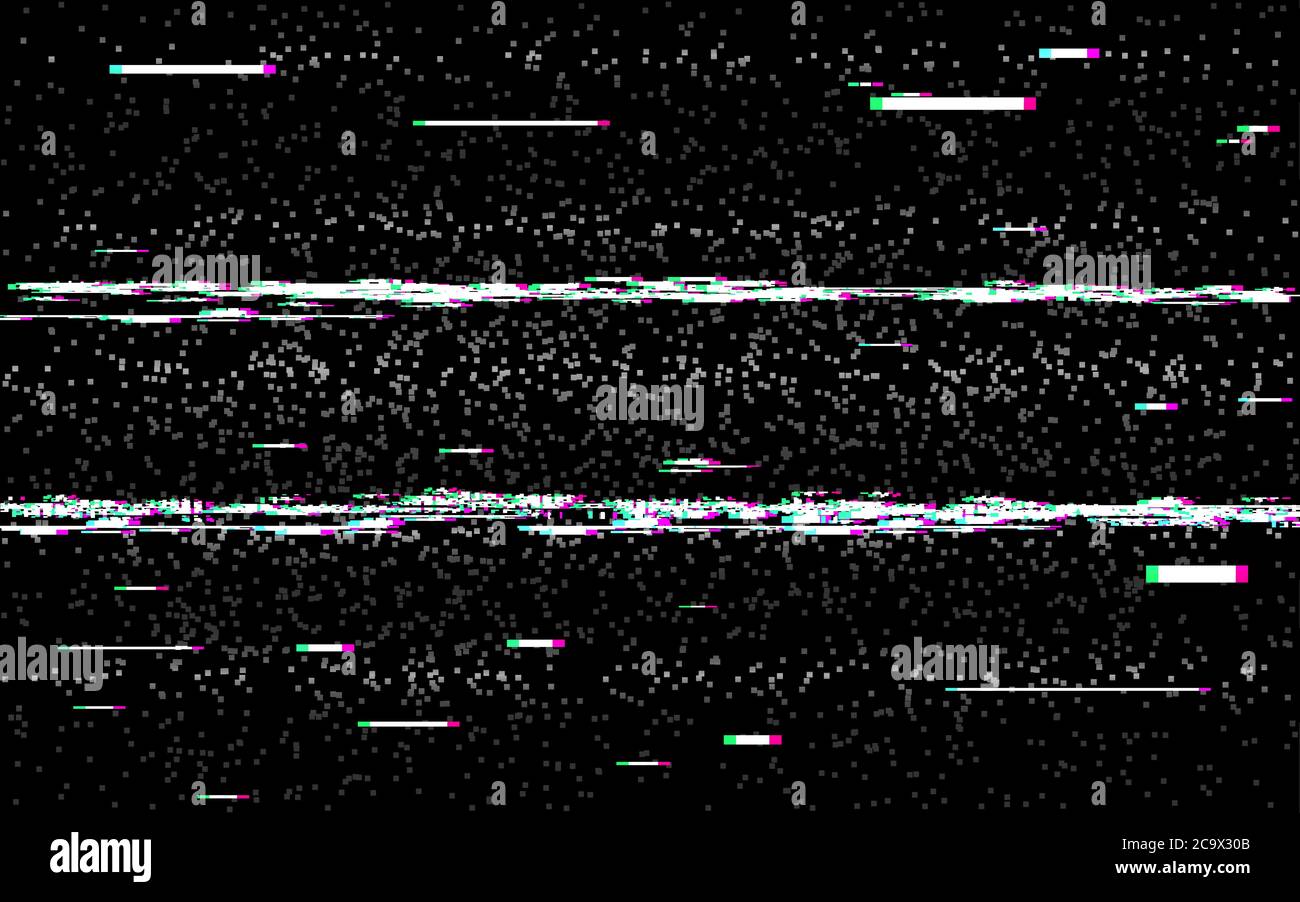 Riavvolgi il glitch su sfondo nero. Sfondo VHS con distorsione stereo. Vecchio effetto della fotocamera. Modello nastro retrospettiva. Rumore di linee e forme casuali. Vettore Illustrazione Vettoriale