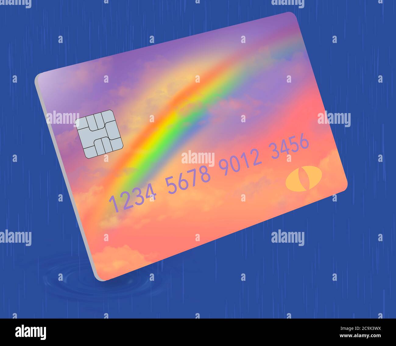 Ecco una carta di credito che ha un design arcobaleno e colori e deve essere utilizzato in un giorno piovoso. È per le emergenze finanziarie. Foto Stock