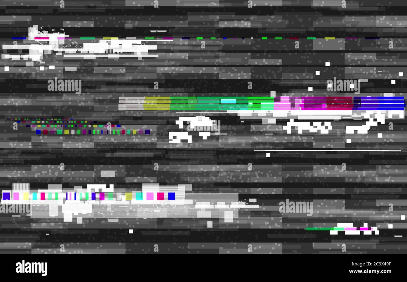 Glitch digitale con distorsione dei colori. Sfondo VHS retro. Linee glitched e rumore dei pixel. Nessun modello di segnale. TV in bianco e nero. Vettore Illustrazione Vettoriale