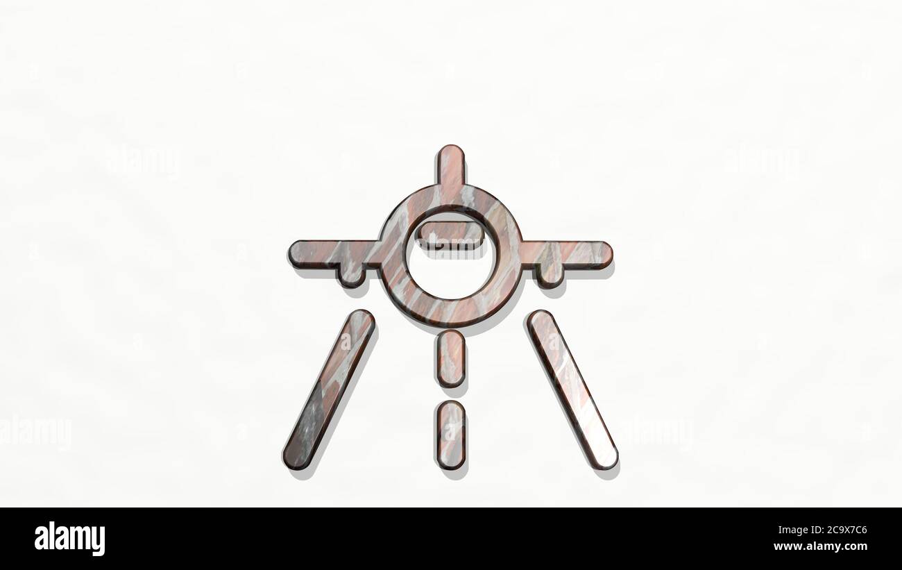 AIRPORT ROAD realizzata con l'illustrazione 3D di una scultura metallica lucida su una parete con sfondo chiaro. Aereo e aereo Foto Stock