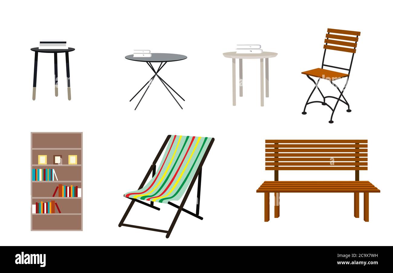 collezione di mobili piatti su sfondo bianco Illustrazione Vettoriale