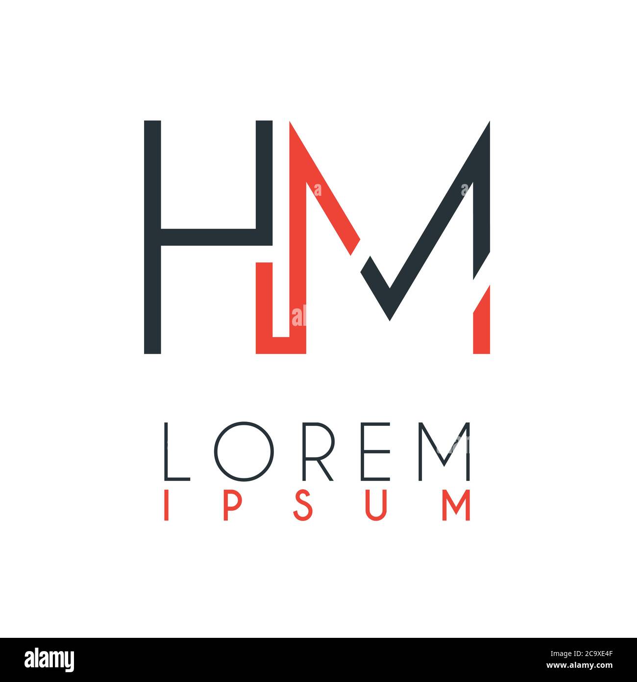 Il logo tra la lettera H e la lettera M o HM ad una certa distanza e collegato da colore arancione e grigio Illustrazione Vettoriale