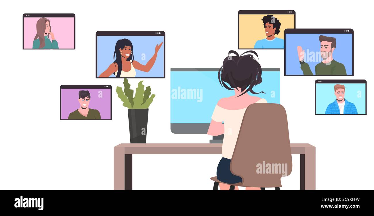 donna d'affari che parla con i colleghi di corsa del mix nelle finestre del browser durante la videochiamata in linea conferenza riunione concetto di autoisolamento orizzontale ritratto illustrazione vettoriale Illustrazione Vettoriale