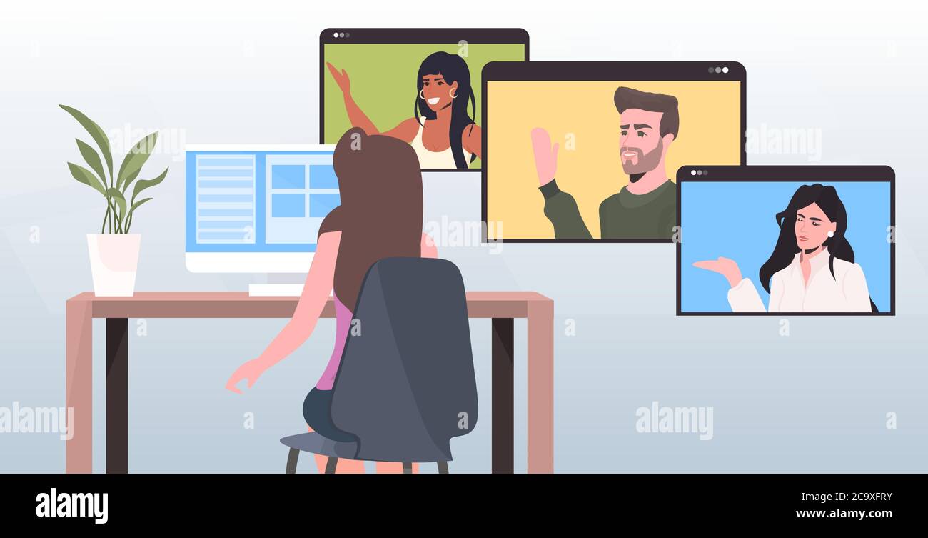 donna d'affari che parla con i colleghi di corsa del mix nelle finestre del browser durante la videochiamata in linea conferenza riunione concetto di autoisolamento orizzontale ritratto illustrazione vettoriale Illustrazione Vettoriale