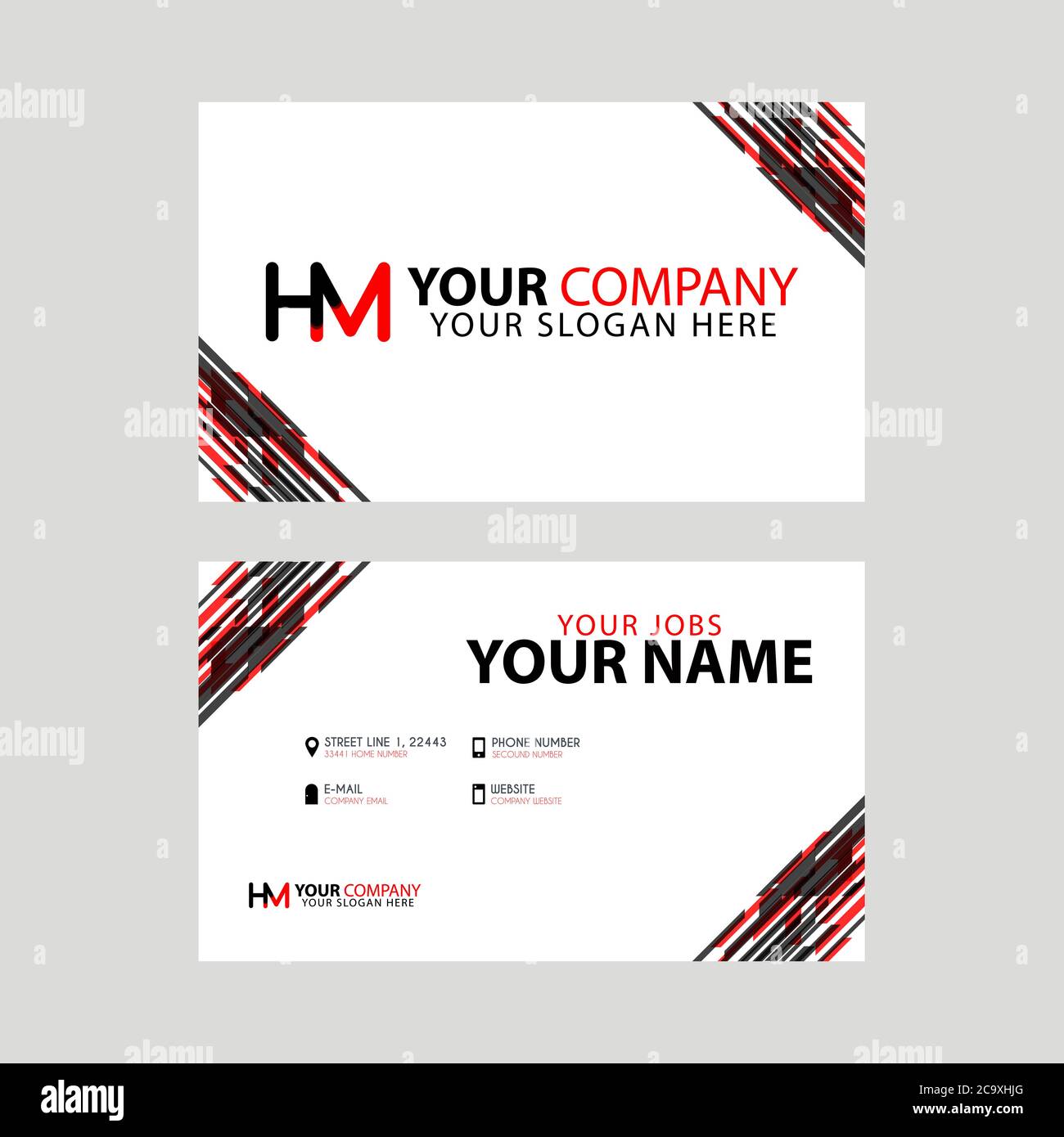 Logo HM design con un biglietto da visita nero e rosso con design orizzontale e moderno. Illustrazione Vettoriale