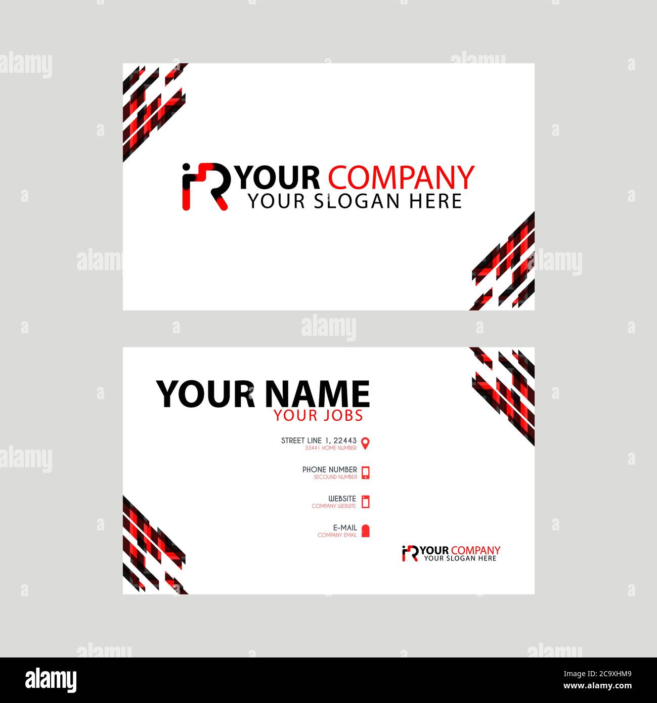 Scheda nome orizzontale con accenti decorativi sul bordo e logo IR bonus in nero e rosso. Design del logo RI Illustrazione Vettoriale